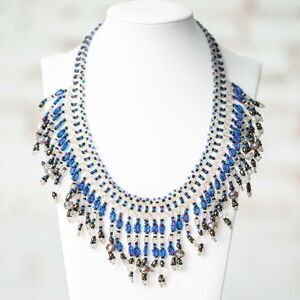 Handmade Beaded Fringe Bib Necklace Blue Purple Black Clear Seed Bead Boho